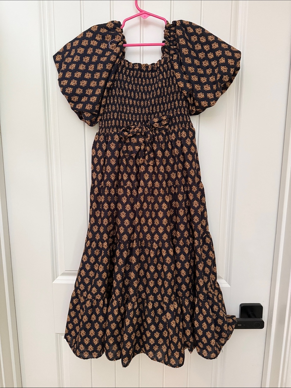 Girls Black Dress with Gold Floral Print and Puff Sleeves